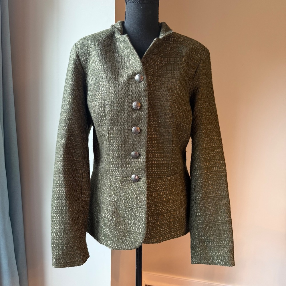 Coldwater Creek Blazer Women 10 Olive Green Tweed Peplum Crest Button Jacket - Picture 2 of 13